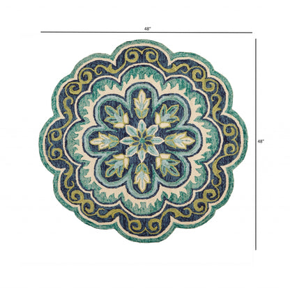 4’ Round Green Floral Artwork Area Rug