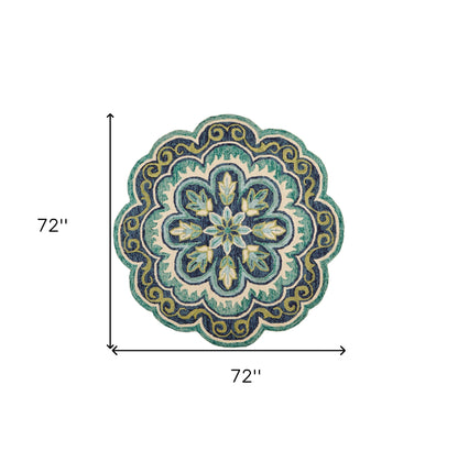 4’ Round Green Floral Artwork Area Rug