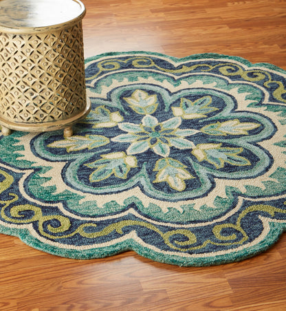 4’ Round Green Floral Artwork Area Rug