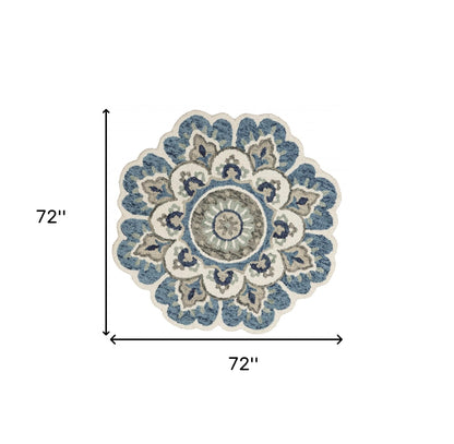 4’ Round Blue Modern Floral Area Rug
