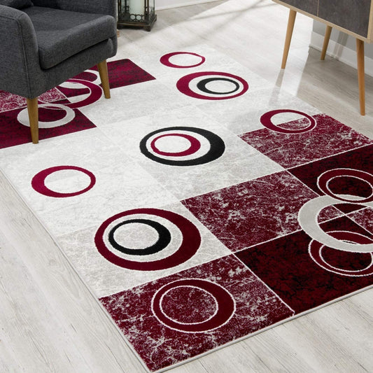 8' Red and White Geometric Power Loom Runner Rug