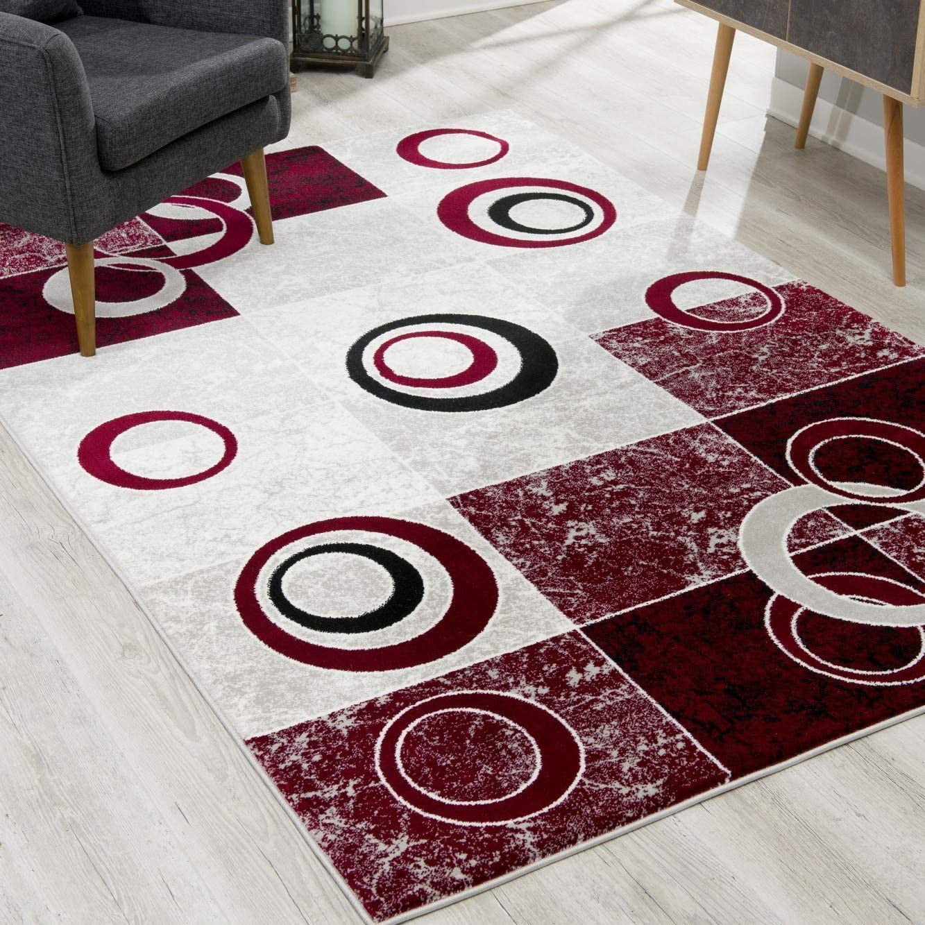 8' Red and White Geometric Power Loom Runner Rug