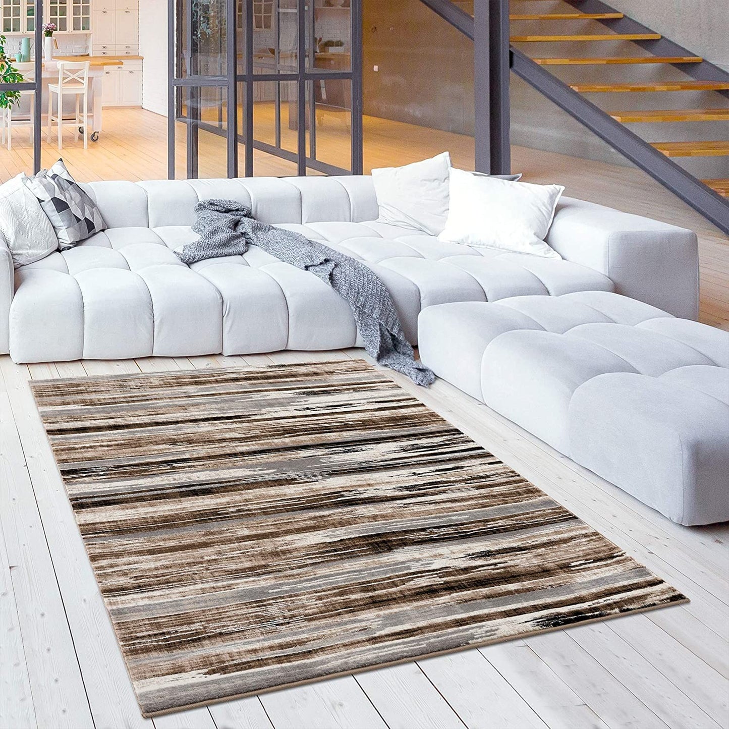 3' X 5' Beige Striped Power Loom Area Rug