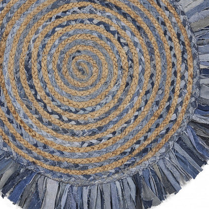 Denim And Natural Jute Round Swirl Fringed Rug