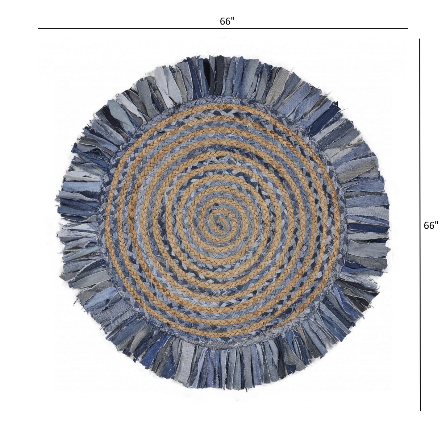 Denim And Natural Jute Round Swirl Fringed Rug