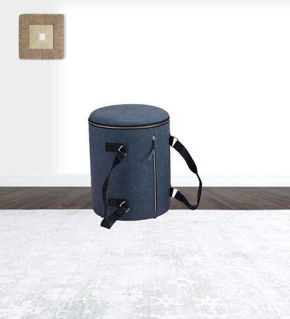 14" Blue Microfiber Round Ombre Indoor Outdoor Pouf Ottoman with Hinged Lid