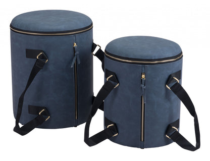 14" Blue Microfiber Round Ombre Indoor Outdoor Pouf Ottoman with Hinged Lid
