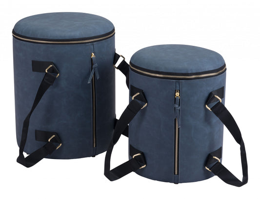 14" Blue Microfiber Round Ombre Indoor Outdoor Pouf Ottoman with Hinged Lid