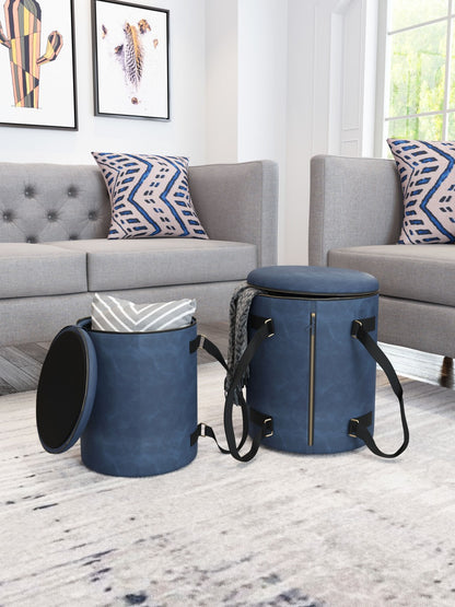 14" Blue Microfiber Round Ombre Indoor Outdoor Pouf Ottoman with Hinged Lid