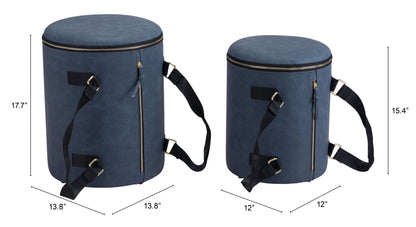 14" Blue Microfiber Round Ombre Indoor Outdoor Pouf Ottoman with Hinged Lid