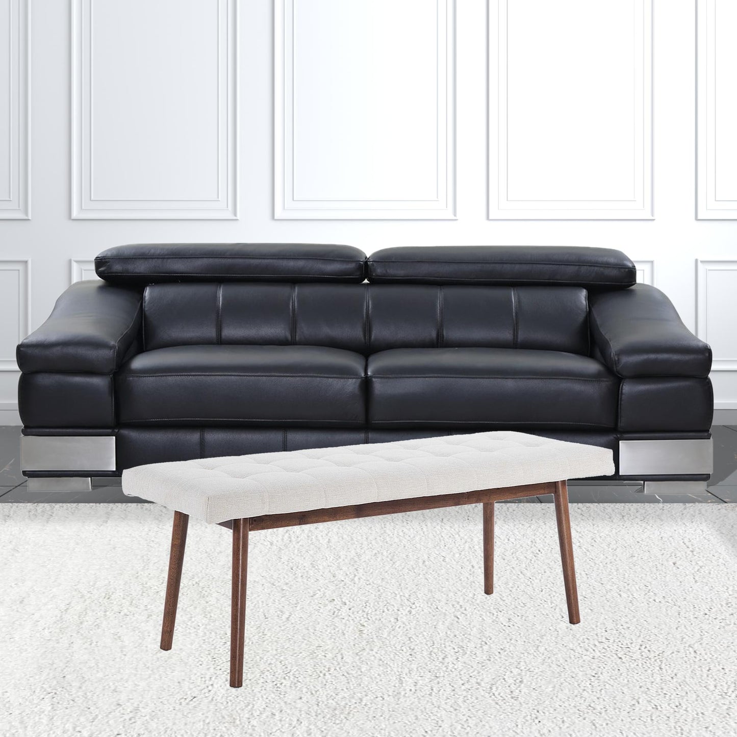 49" Beige Linen And Dark Brown Tufted Ottoman