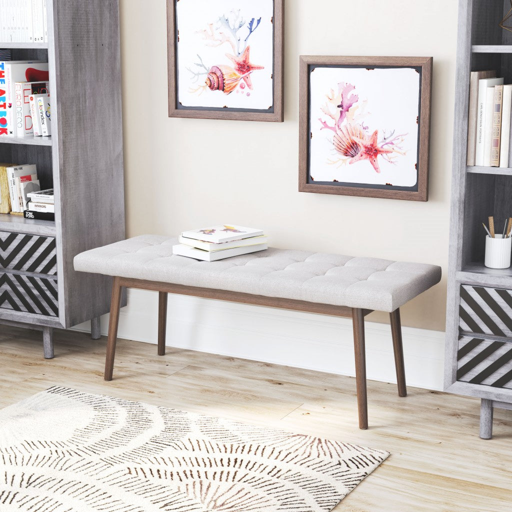 49" Beige Linen And Dark Brown Tufted Ottoman