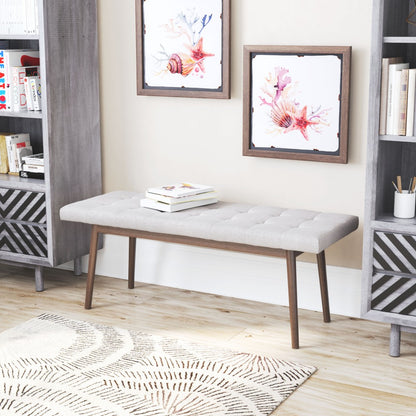 49" Beige Linen And Dark Brown Tufted Ottoman