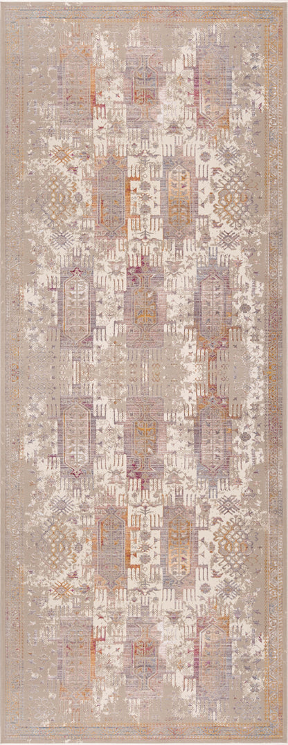 2’ x 10’ Beige Faded Tribal Motifs Runner Rug