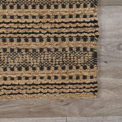 9’ x 13’ Tan and Black Intricate Striped Area Rug
