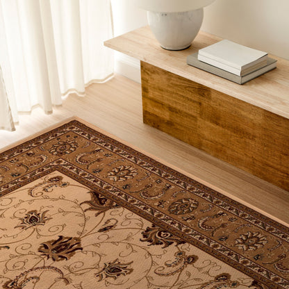 5’ x 8’ Cream and Tan Ornate Border Area Rug