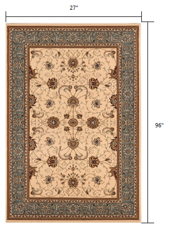 3’ x 10’ Cream and Blue Traditional Runner Rug