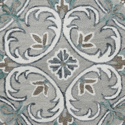 4’ Round Gray and White Filigree Area Rug