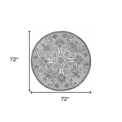 4’ Round Gray and White Filigree Area Rug