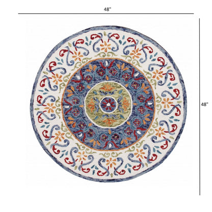 4’ Round Blue and White Ornate Medallion Area Rug