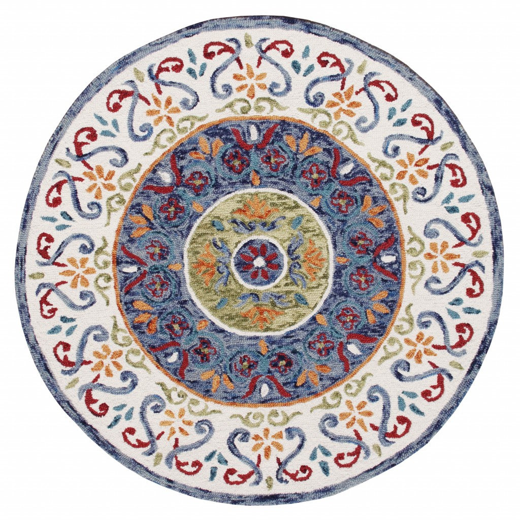 4’ Round Blue and White Ornate Medallion Area Rug