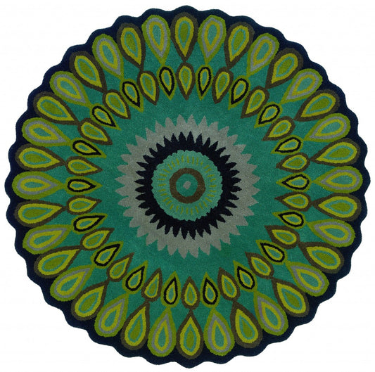 5’ Round Green Peacock Feather Area Rug