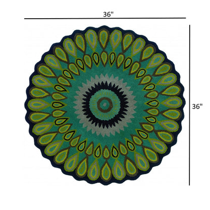 5’ Round Green Peacock Feather Area Rug