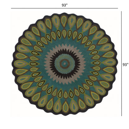 5’ Round Green Peacock Feather Area Rug