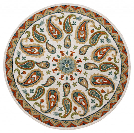 7’ Round Orange and White Paisley Area Rug