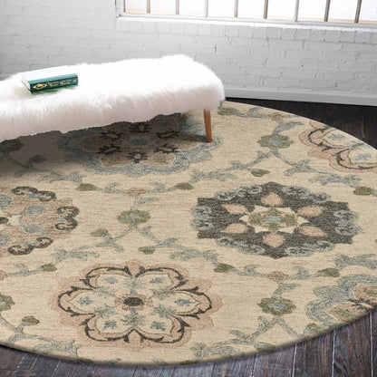 5' Blue And Ivory Round Wool Hand Tufted Area Rug