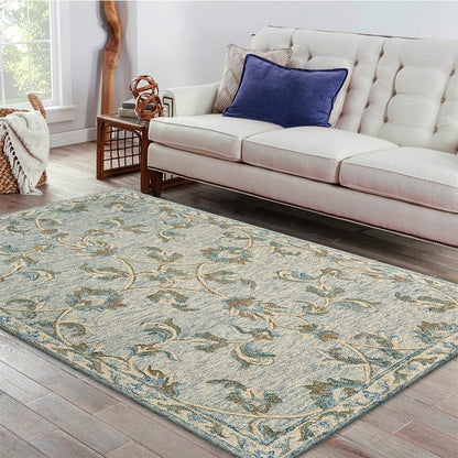 7' Blue And Ivory Round Wool Hand Tufted Area Rug