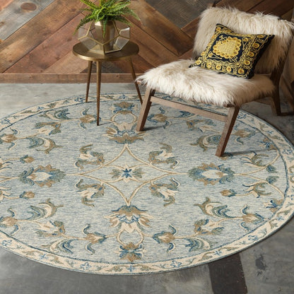 7' Blue And Ivory Round Wool Hand Tufted Area Rug