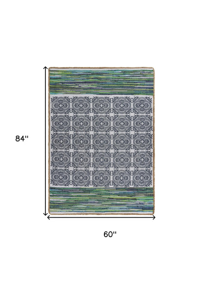 5’ x 7’ Blue and Green Chindi Area Rug