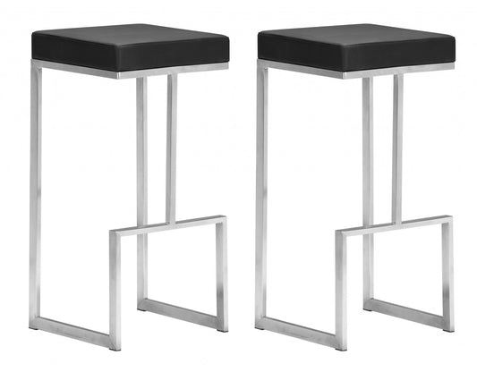 Set Of Two 30" Black And Silver Steel Backless Bar Height Chairs With Footrest