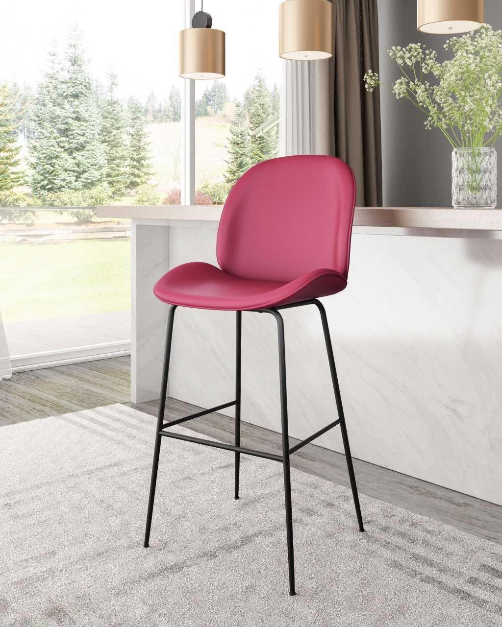 47" Red And Black Steel Low Back Bar Height Chair With Footrest