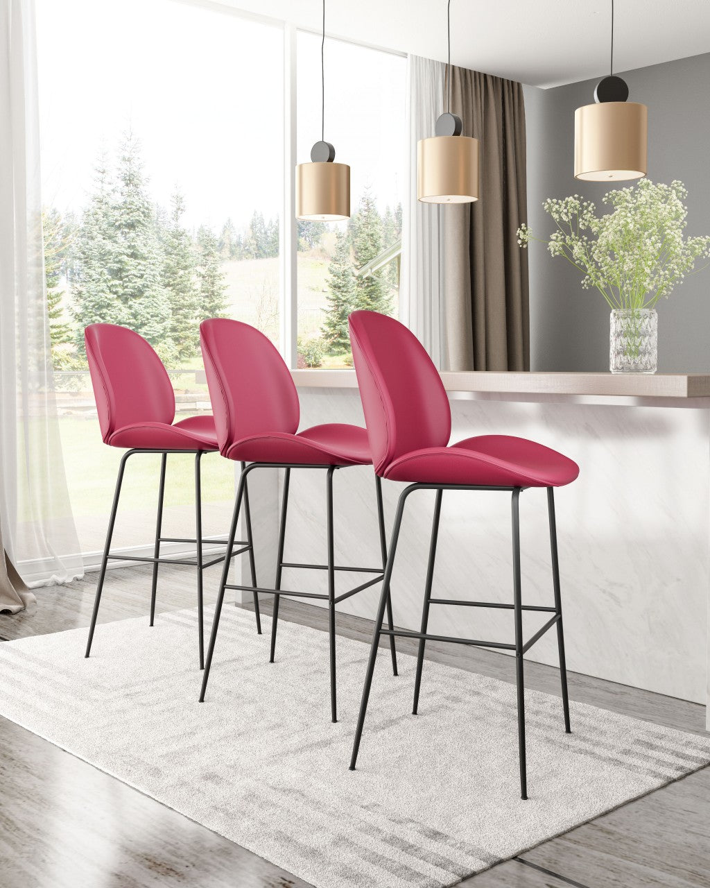 47" Red And Black Steel Low Back Bar Height Chair With Footrest
