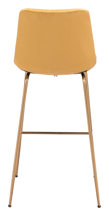43" Yellow Velvet And Gold Steel Low Back Bar Height Chair With Footrest