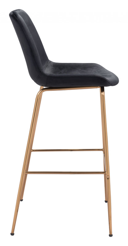 43" Black Velvet And Gold Bar Height Chair With Footrest