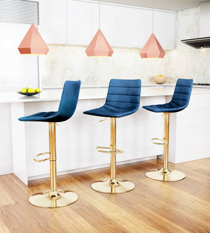 35" Dark Blue And Gold Steel Low Back Counter Height Bar Chair With Footrest