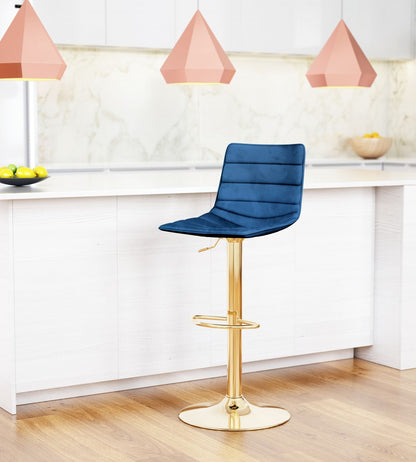 35" Dark Blue And Gold Steel Low Back Counter Height Bar Chair With Footrest