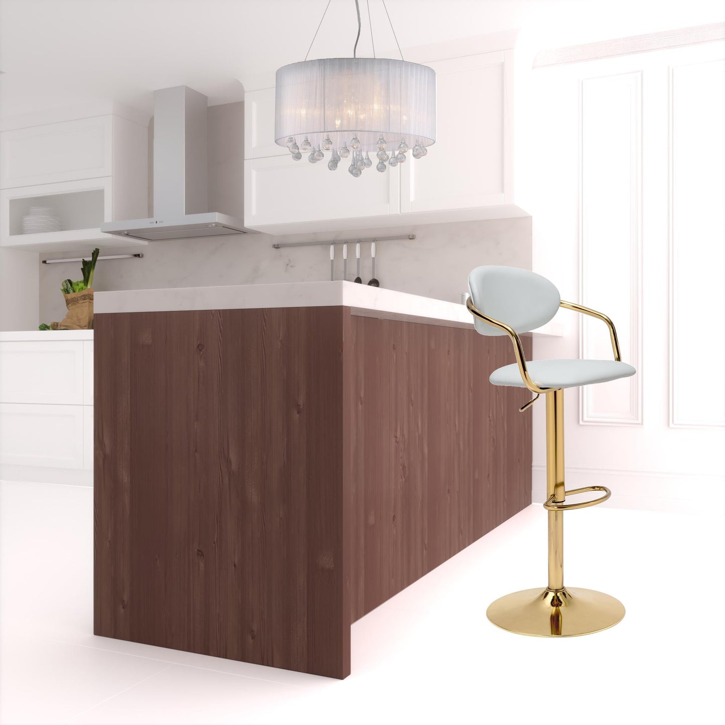 24" White And Gold Steel Swivel Low Back Counter Height Bar Chair With Footrest