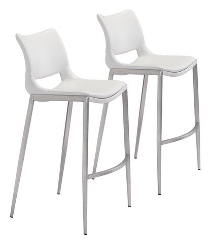 Set Of Two 41" White And Silver Steel Low Back Bar Height Chairs With Footrest