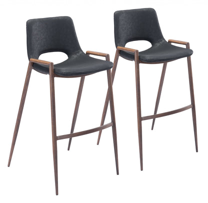 Set Of Two 39" Black And Brown Steel Low Back Bar Height Chairs With Footrest
