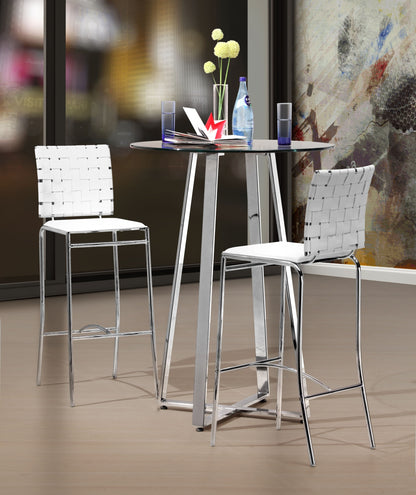 Set Of Two 41" White And Silver Steel Low Back Bar Height Chairs With Footrest