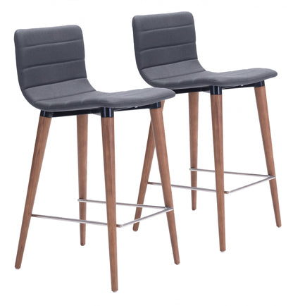Set Of Two 34" Gray And Brown Solid Wood Low Back Counter Height Bar Chairs With Footrest