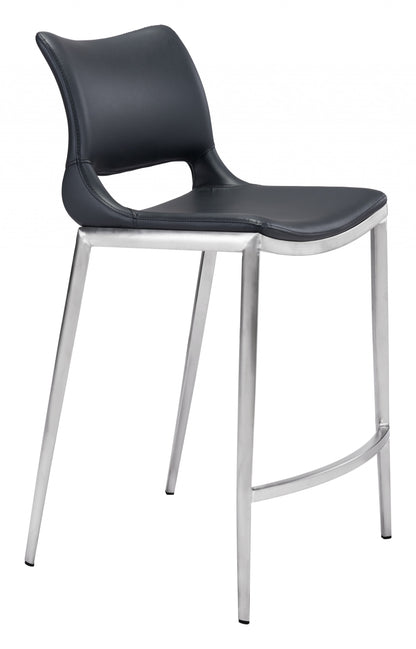 Set Of Two 37" Black And Silver Steel Low Back Counter Height Bar Chairs With Footrest