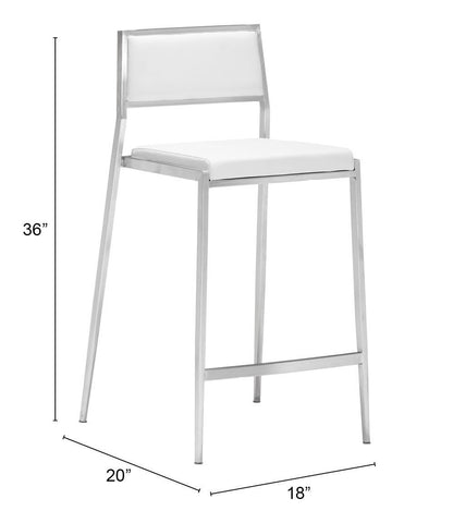 Set Of Two 36" White And Silver Low Back Counter Height Bar Chairs With Footrest