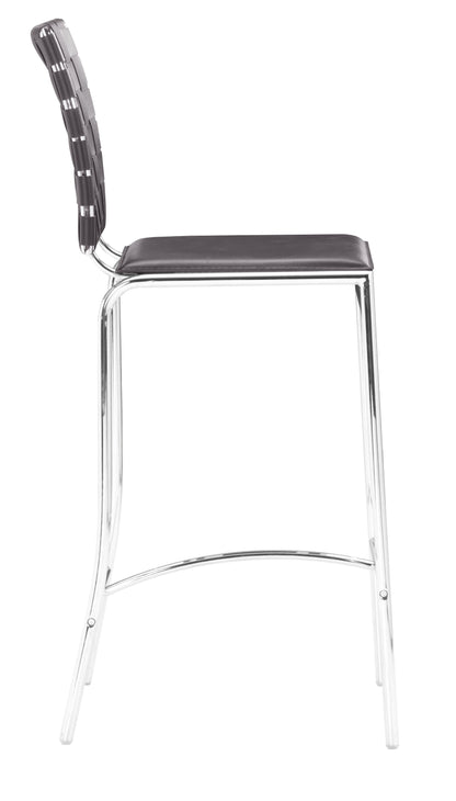 Set Of Two 39" Espresso And Silver Low Back Counter Height Bar Chairs With Footrest