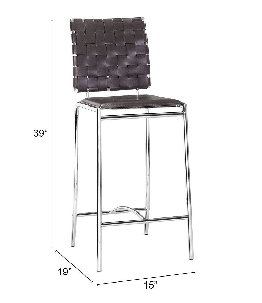 Set Of Two 39" Espresso And Silver Low Back Counter Height Bar Chairs With Footrest