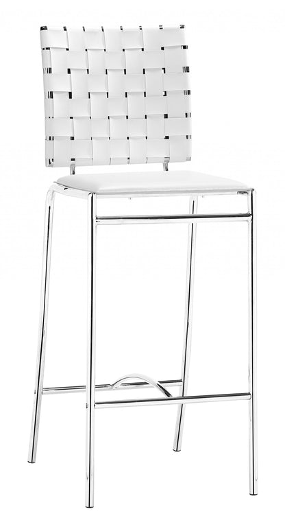 Set Of Two 39" White And Silver Low Back Counter Height Bar Chairs With Footrest